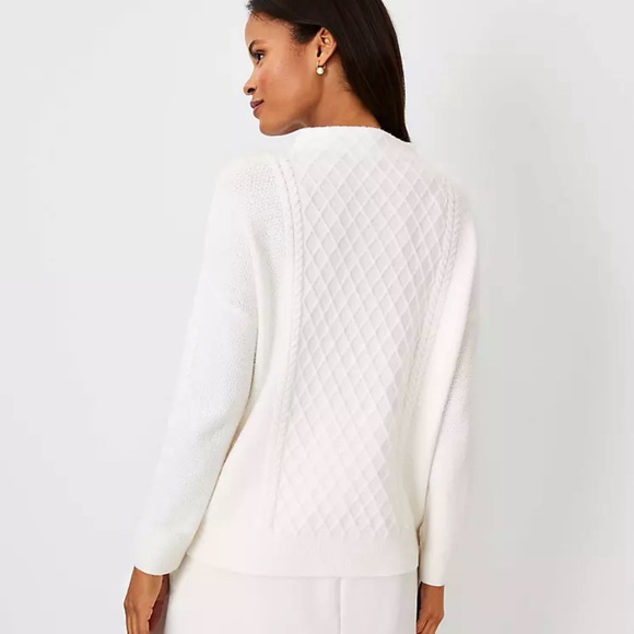 ANN TAYLOR Pearlized Mock Neck Cable Sweater Elegant White Women's Sweater NWT - Picture 2 of 5
